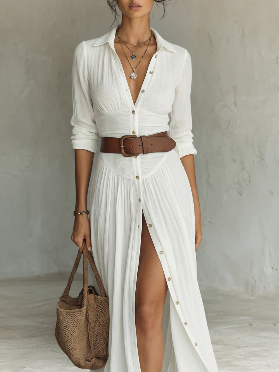 LEILA | ROBE LONGUE PLISSÉE EN LIN BLANC