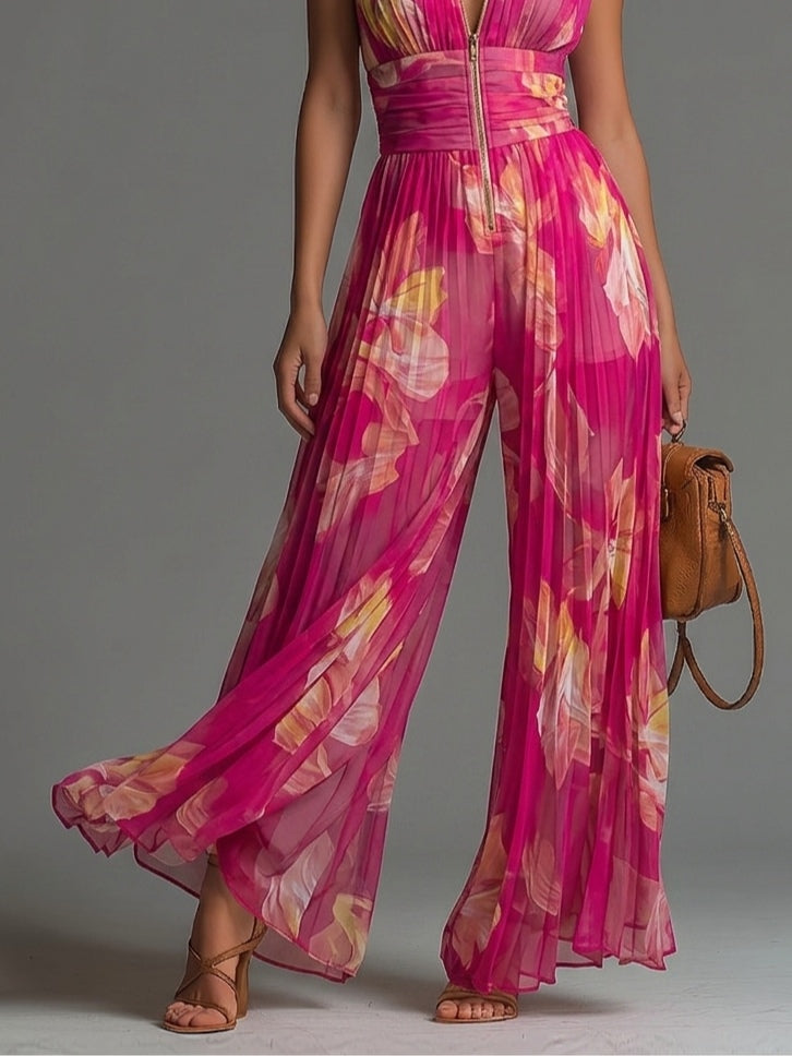 LAILA | FUCHSIA FLORAL PLISSIERTER JUMPSUIT