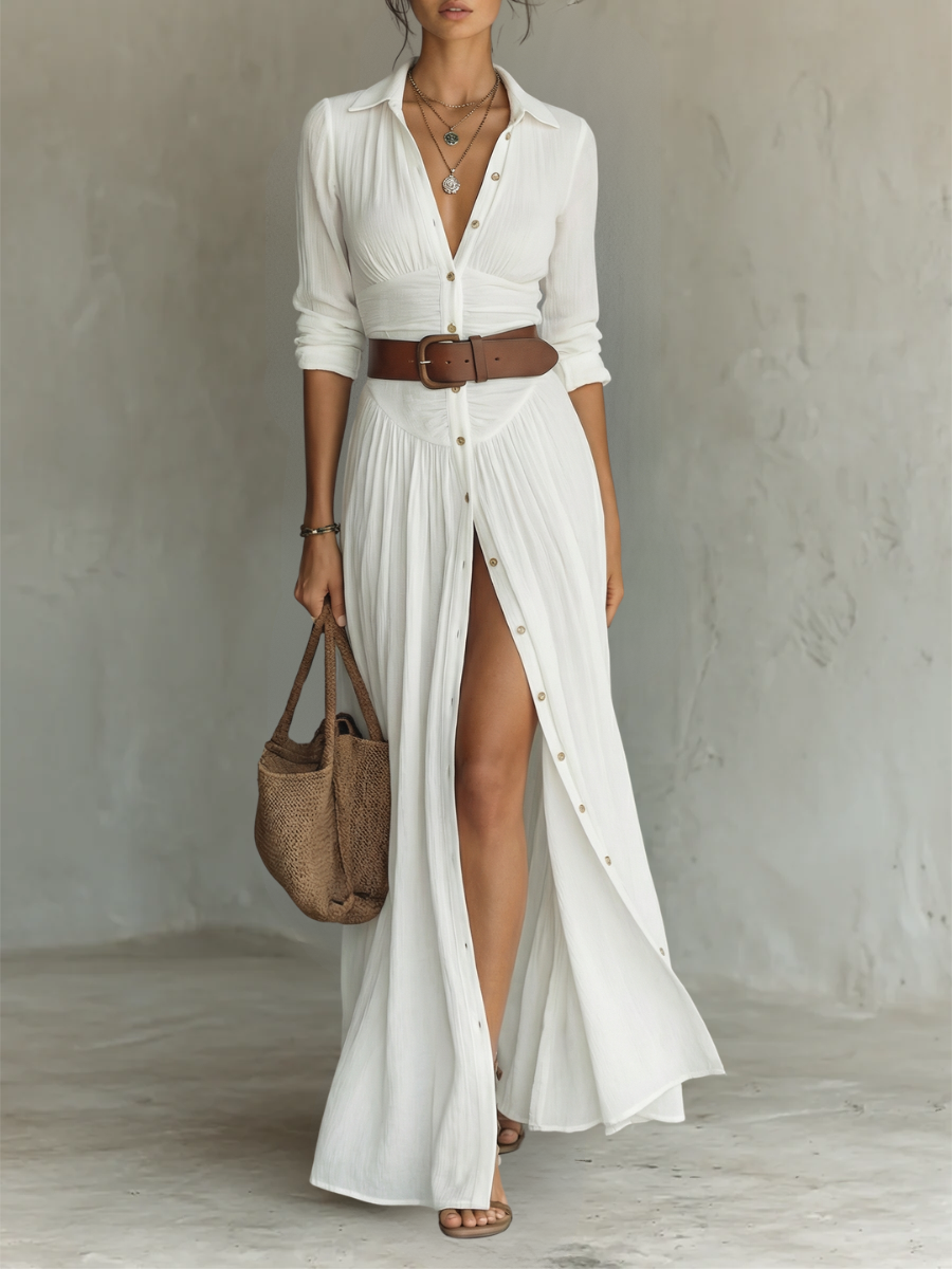 LEILA | ROBE LONGUE PLISSÉE EN LIN BLANC