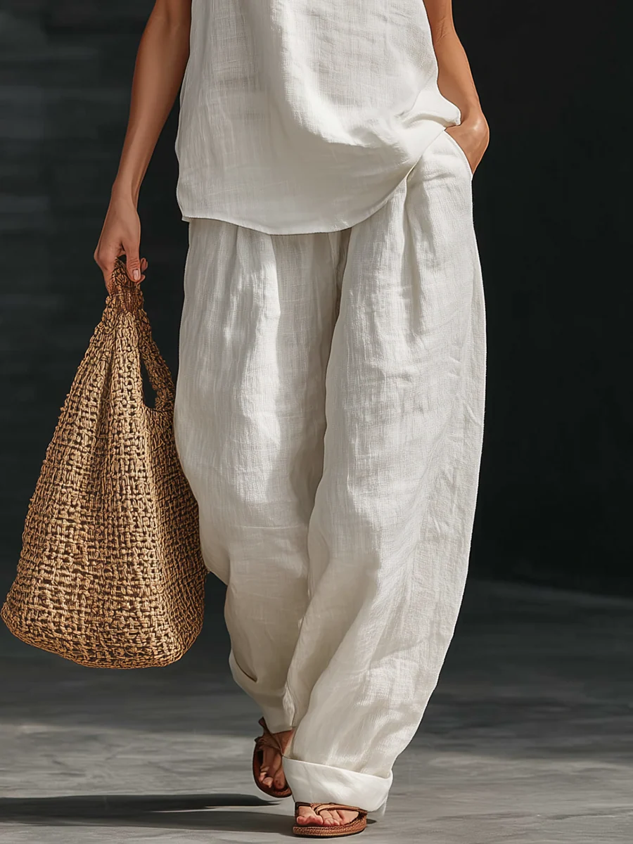 AYESHA | ENSEMBLE HAUT SANS MANCHES COL EN V ET PANTALON LARGE
