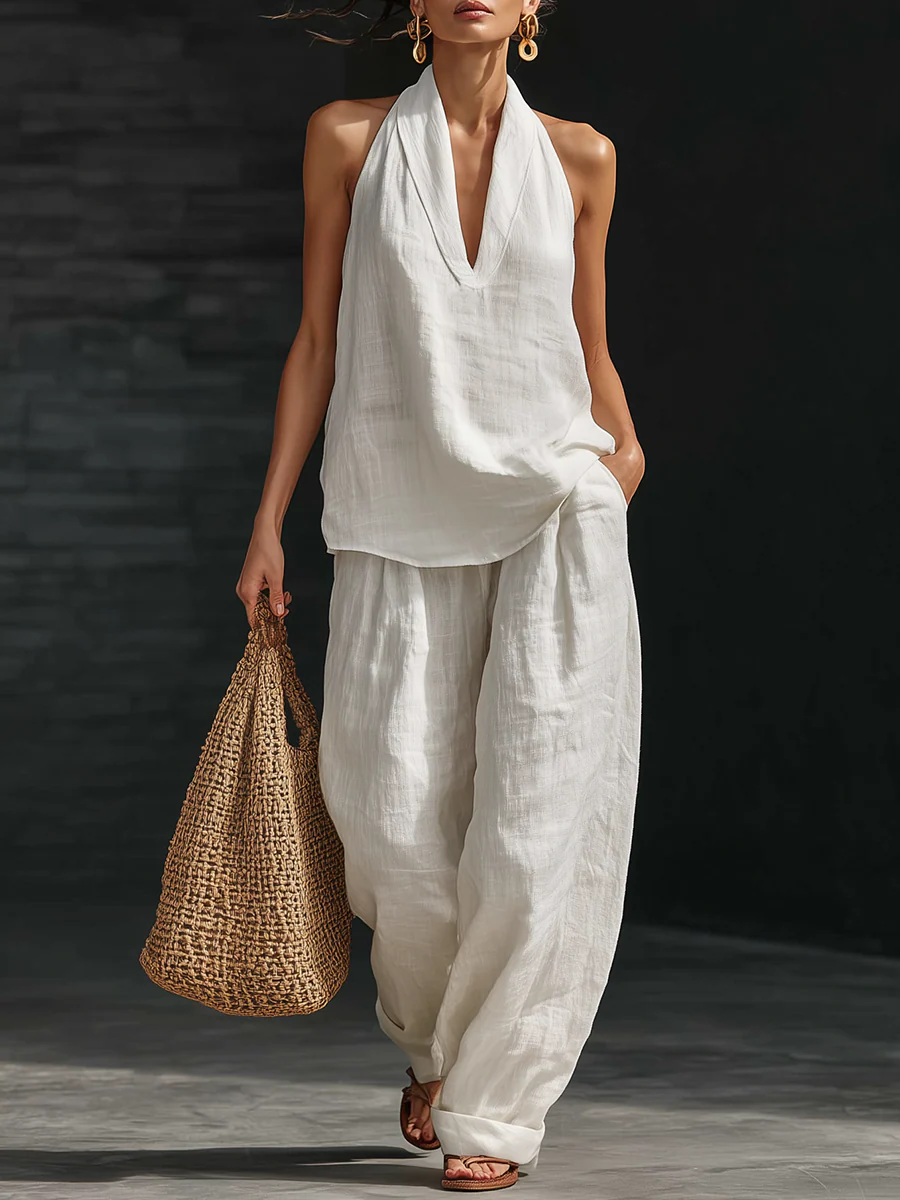 AYESHA | ENSEMBLE HAUT SANS MANCHES COL EN V ET PANTALON LARGE