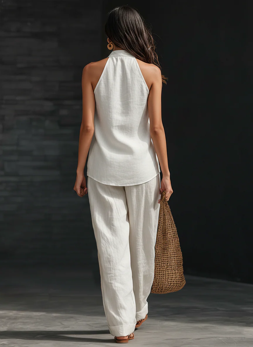 AYESHA | ENSEMBLE HAUT SANS MANCHES COL EN V ET PANTALON LARGE