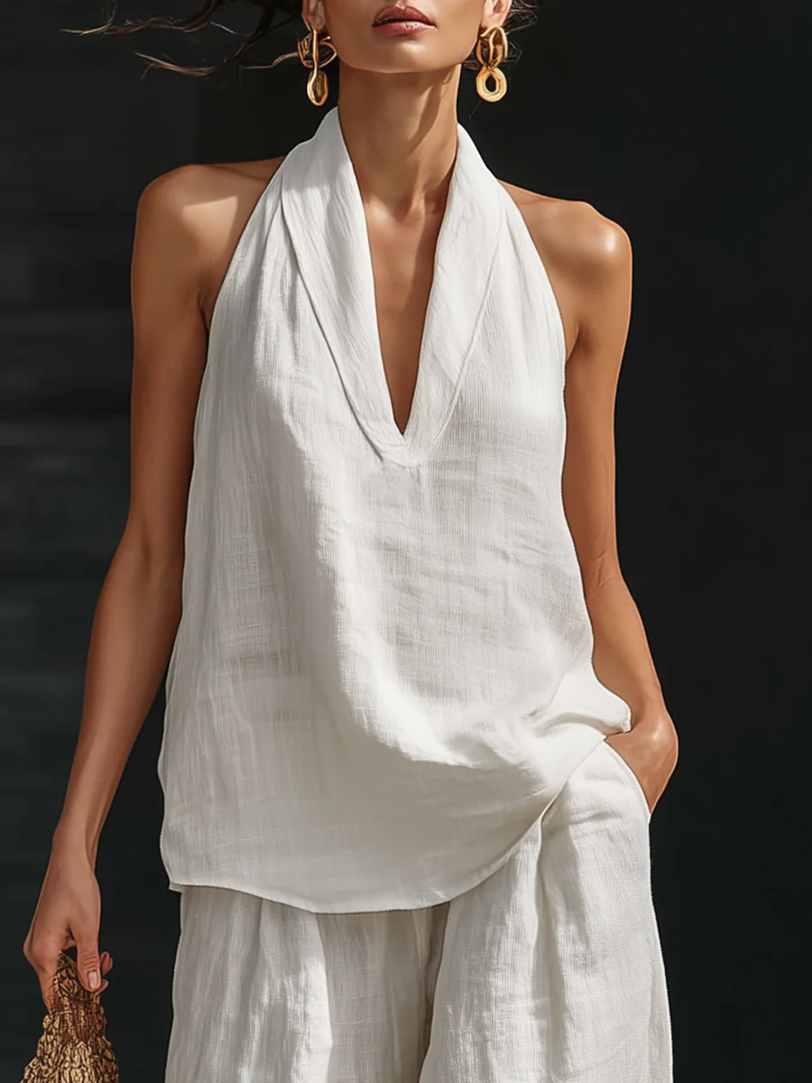AYESHA | ENSEMBLE HAUT SANS MANCHES COL EN V ET PANTALON LARGE