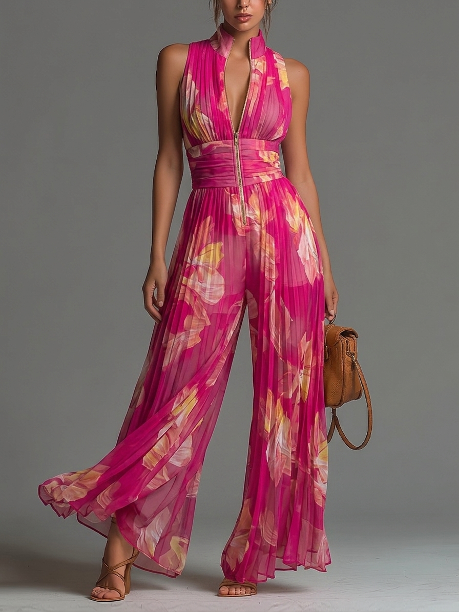 LAILA | FUCHSIA FLORAL PLISSIERTER JUMPSUIT
