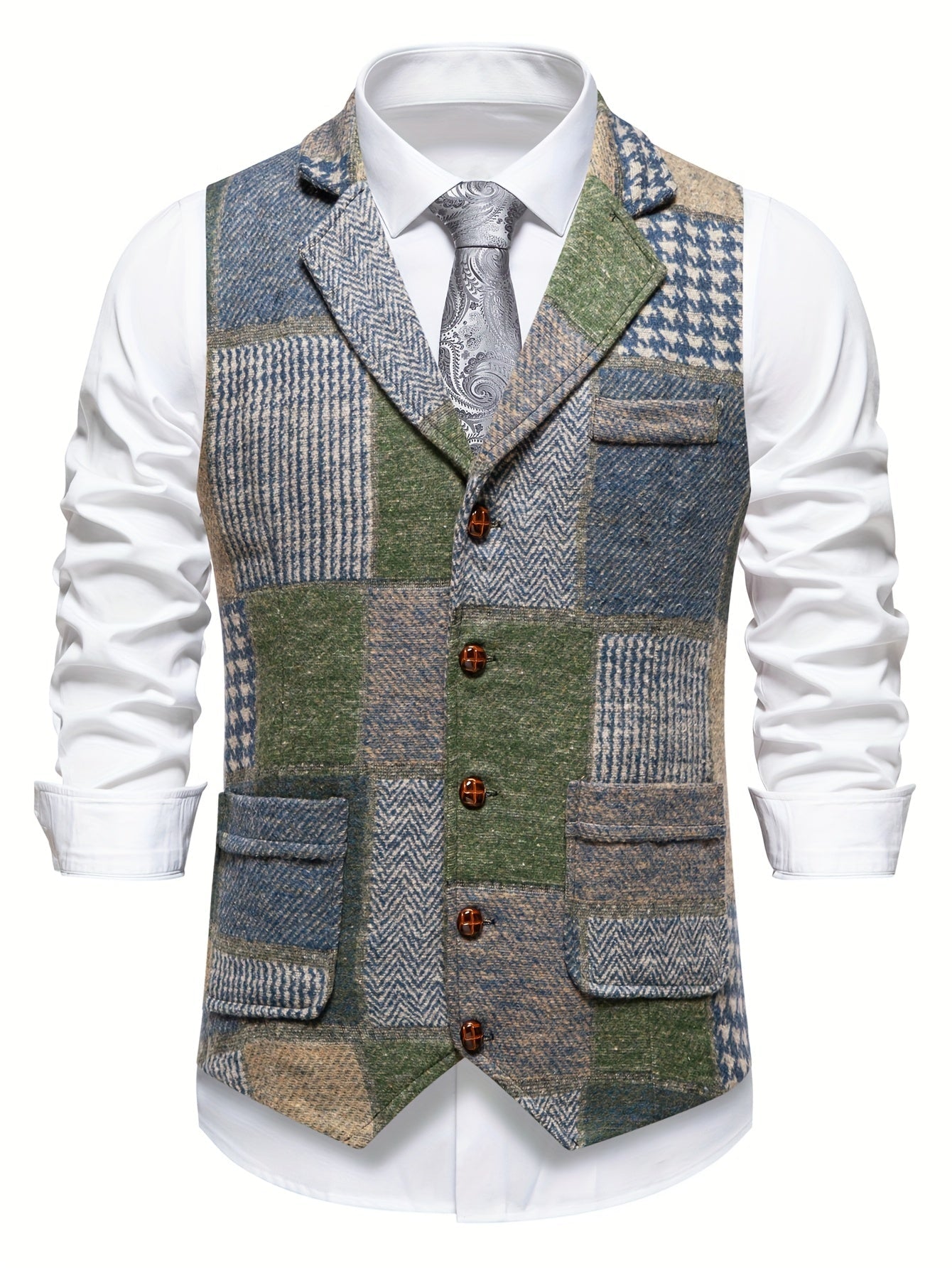 BERTRAND - GILET EN TWEED PATCHWORK À CHEVRONS