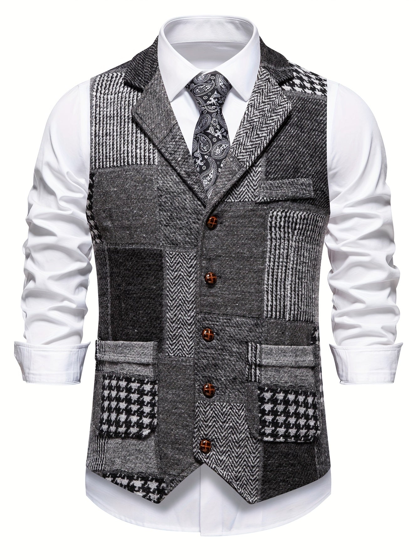 BERTRAND - GILET EN TWEED PATCHWORK À CHEVRONS