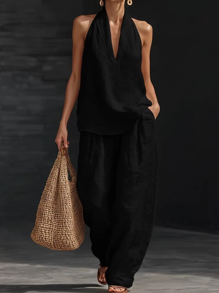 AYESHA | ENSEMBLE HAUT SANS MANCHES COL EN V ET PANTALON LARGE