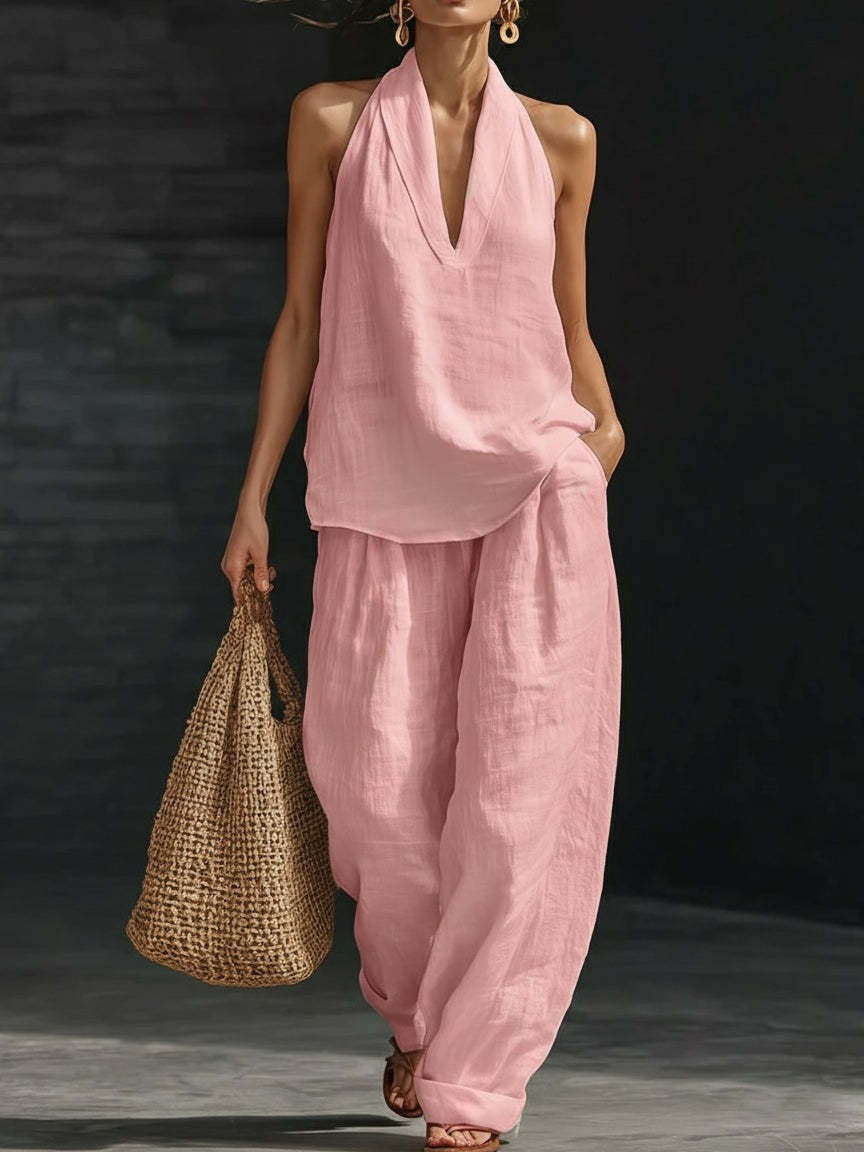 AYESHA | ENSEMBLE HAUT SANS MANCHES COL EN V ET PANTALON LARGE
